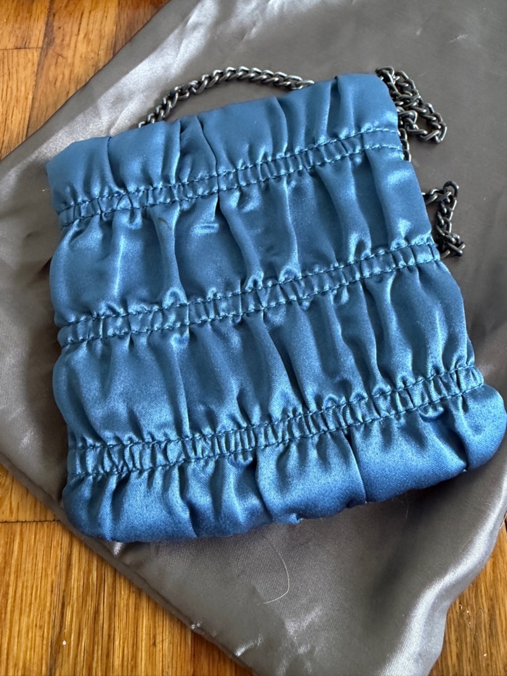 Pura Lopez Steel Blue Satin Ruched Chain Crossbody - Picture 3 of 5